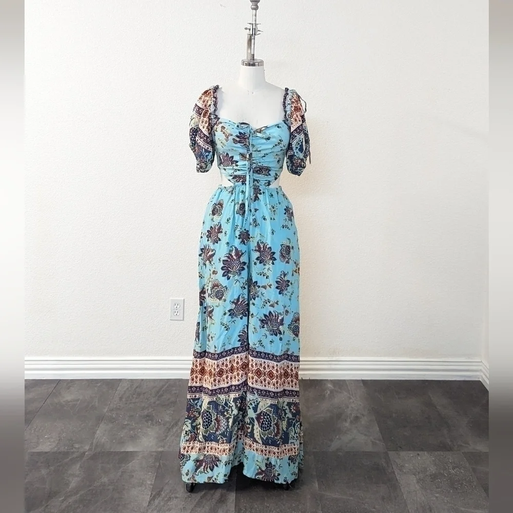 NEW Free People Floral Puff Sleeve Smock Back Split Leg Jumpsuit Blue XS boho